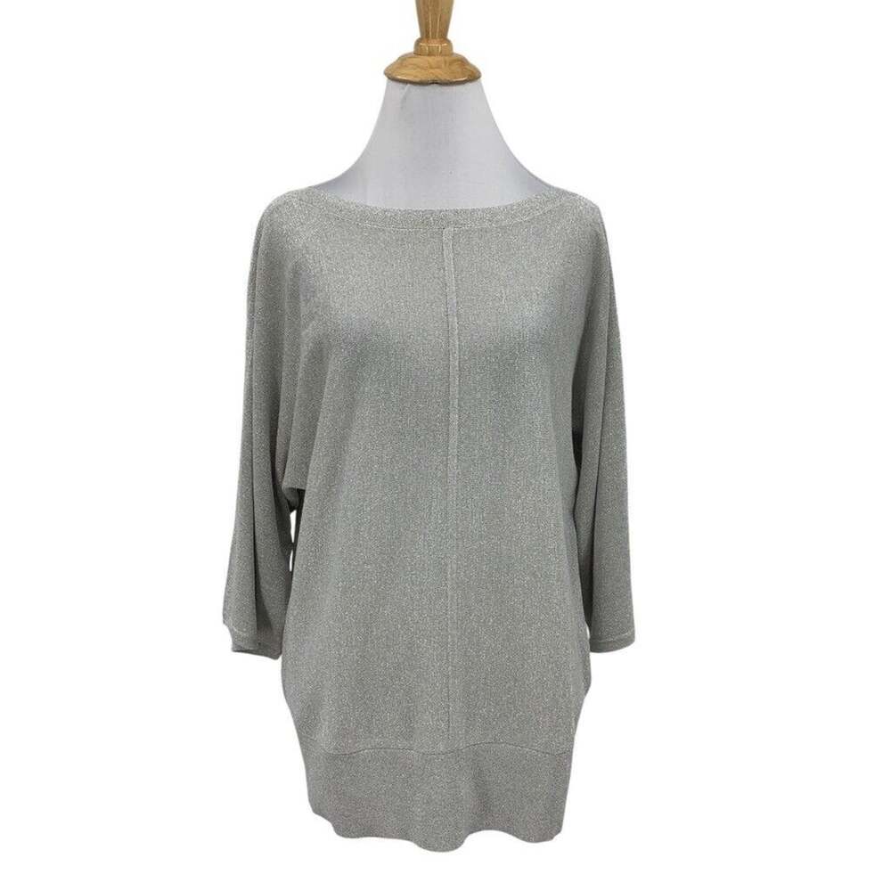 Talbots Blouse Womens LP Large Petite Silver Metallic Dolman Sleeve Split Seam